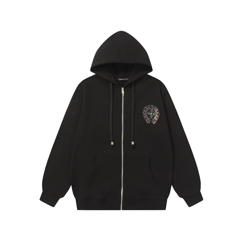 Colorful Rhinestone Hoodie - Black Gothic Street Sweatshirt 2608